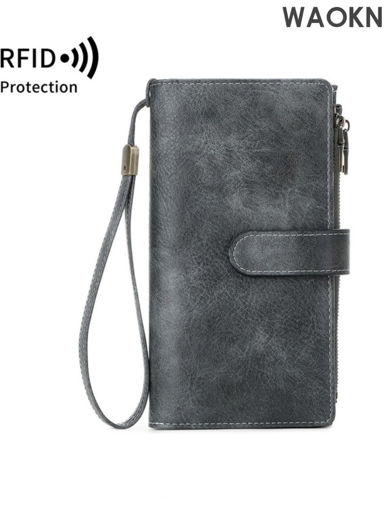 WAOKN Retro multifunctional wallet , Women and men Wallet , with RFID Blocking Large Capacity Credit Card Holder , Long Purses for Women and wmen with Wristlet Pocket ID Window , Solid color portable large capacity handbag , grey. - Image 1